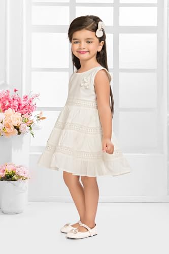 Image of Soft Cotton Lace Work Knee Length Fit & Flare Dress for Kids & Girls, Flower Embellished Frock for Casual & Special Occasion