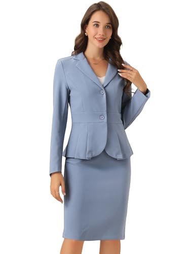 Allegra K Rock-Kleid-Sets für Damen 2-teiliges formelles Büro Revers Peplum-Jacke Blazer Bleistiftröcke Set, Grau / Blau, M