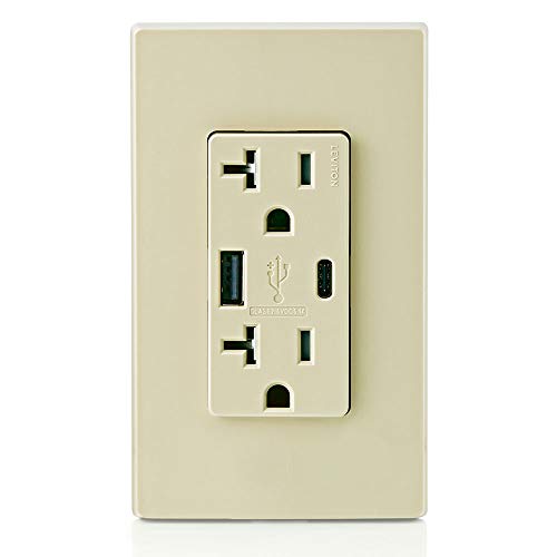 Image of Leviton Type A & Type-C USB In-Wall Charger with 20A Tamper-Resistant Outlet, USB Charger for Smartphones and Tablets. Not for Laptops, T5833-I, Ivory