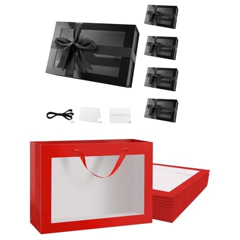 PACKQUEEN 5 Large Black Gift Boxes with Windows, 13.5x9x4.1 Inches Clear Gift Boxes，12 Red Gift Bags with Transparent Window, 16x6x12 Inches Extra Large Gift Bags with Handles Cover