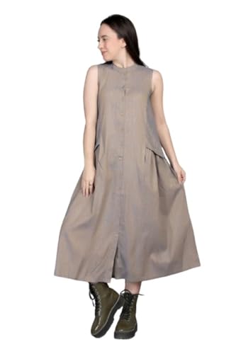 Matajya Women's Sustainable Cotton Sleevless Dress - Casual Summer Flared Dress with Round Neck, Solid Light Brown (Size - M)