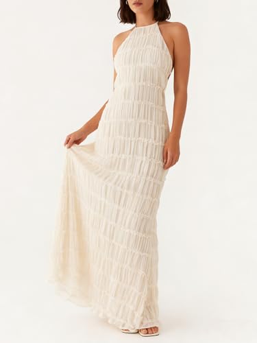 Image of Yiulangde Women's Backless Smocked Maxi Dress Sexy Spaghetti Strap Cut Out Flowy Beach Long Dress Vacation Casual Sundresses