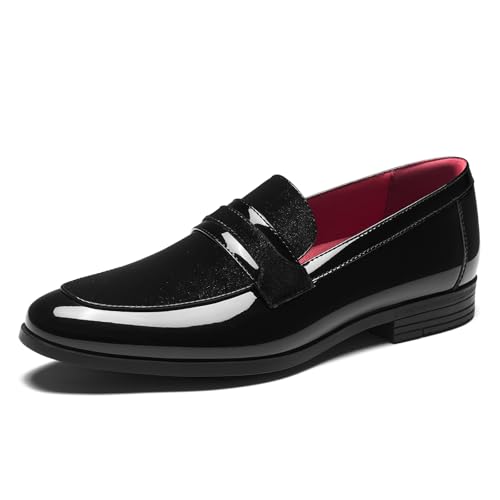 HEEZ Mens Slip On Dress Loafers Formal Tuxedo Shoes for Men with Patent Velvet Upper Comfortable Black Dress Shoes for Wedding Prom Party Dance Business