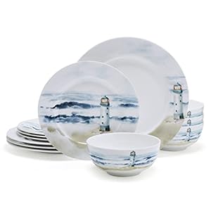 Mikasa Seaside Coastal Bone China Lightweight Chip Resistant 12 Piece Dinnerware Set, Service for 4