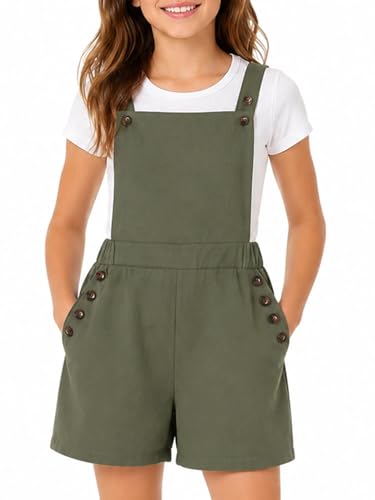 Ecolala Girls Shortalls Romper with Pockets Sleeveless Cross Back Overall Shorts for Kids Olive Green 13-14 Years