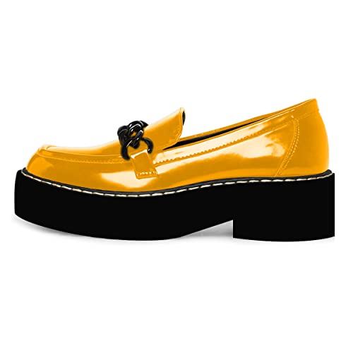 YDN Women Thick Platform Penny Loafers Round Toe Chunky Low Heel Pumps Chain Slip on Outdoor Walking Shoes Size 4-15 US4