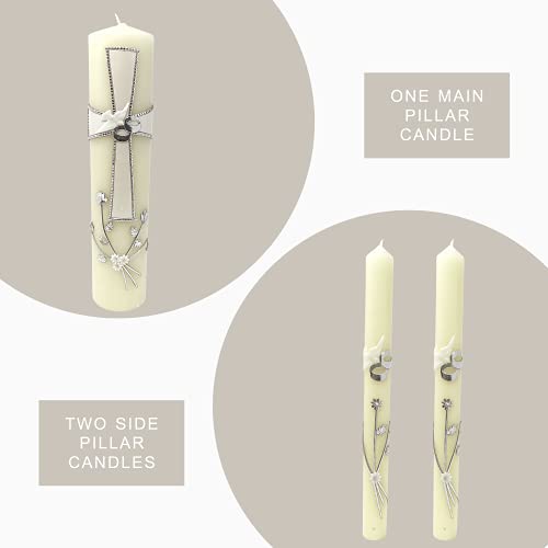 Unity Candle Set For Weddings, Centerpiece Wedding Candles With Silver Tone Accent Cross, Rings And Flowers, Religious Symbolic Marriage Ceremony Decorations, 3 Pack #TOP4