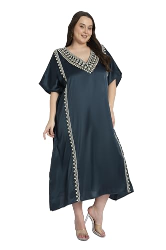 Women Long Kaftan Plus Size Satin Soft Embroidery Swimsuit Cover Up Embroidered Work Caftan Gown Dress for Ladies2