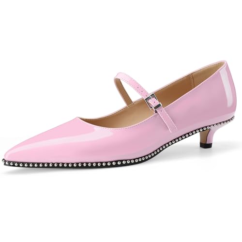 Women's Low Kitten Heels Patent Leather Beaded Pumps Pointed Toe Dressy Mary Jane Heels with Strap Metal Buckle for Ladies Sexy