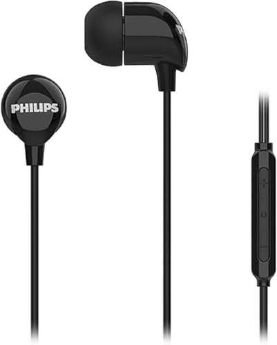 Philips TAE2146BK in-Ear Wired Headphones with USB-C Plug, 10mm Drivers for Deep Dynamic Bass and Clear Sound, in-Line Mic with Call Button, 3 Interchangeable Ear Caps, 1.2m Durable Cable (Black)