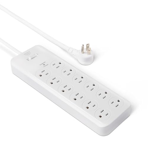 Amazon Basics Regleta de protección contra sobretensiones de 12 enchufes, 4000 Julios, Cable de 2.4 Metros, Blanco