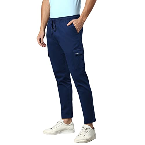 Image of Hubberholme Men's Regular Fit Cotton Trousers, Ankle Length Elastic & Drawstring Waist Cargo Chinos