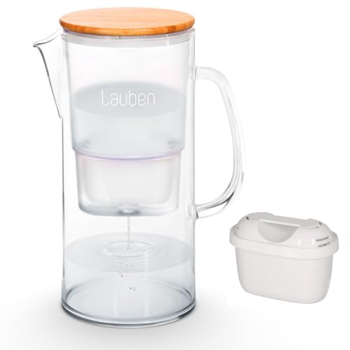 Lauben 32GW Wasserfilter Kanne Glas, Filterkanne Gesamtvolumen 3,2l, Borosilikatglas, Wasserfilter-Kartusche enthalten, antibakterieller Deckel aus Bambus, kein Plastik-Nachgeschmack im Was