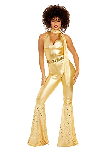 Dreamgirl Womens 70s Disco Costume, Adult Retro Gold Jumpsuit, Di...