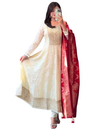 Image of by Pink Anarkali Flared Kurti Pant Dupatta Suit Set.