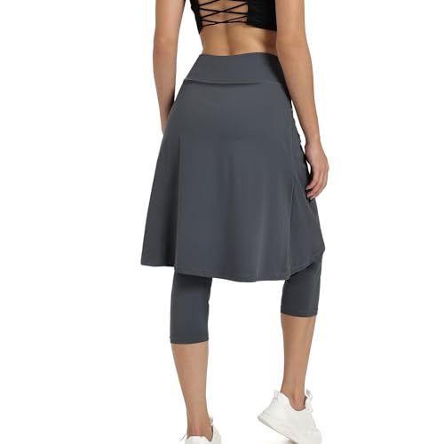 Women Knee Length Athletic Skirts with Leggings Skirted Leggings Skorts Capris with Skirts for Women Skort Zipper Pockets(Grey S)