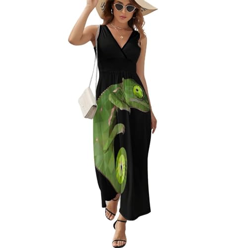 Robe maxi sans manches à motif lézard unique avec col en V fluide et aérien