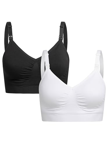 Herzmutter Bügelloser Still BH ohne Bügel - inkl. BH-Verlängerung - herausnehmbare Still-Einlage - Schwangerschaft - gepolstert ohne Bügel - 2er-Set - 5220 2.0 (Schwarz/Weiß, S-M)