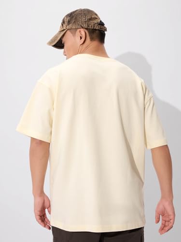 Image of The Souled Store Warrior Soul Men and Boys Short Sleeves Round Neck Yellow Graphic Printed Cotton Oversized T-Shirts