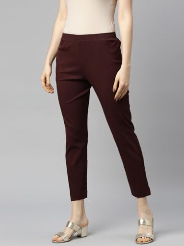 Image of MINELLI Women Solid Cigar Pants, Cotton Lycra Slub Fabric, Elasticated Waistband, Pull On Style, Regular Fit Bottom Wear for Western and Ethnic Wear