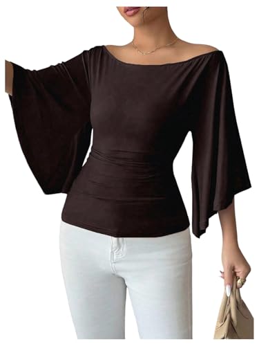 OYOANGLE Women's Batwing Bell Sleeve Tops Off The Shoulder T Shirts Brown