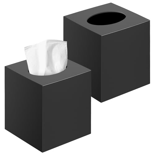 2 Pack Tissue Box Cover Black Square Acrylic Tissue Holder Decorative Facial Tissue Box Vessel Cube Paper Organizer Dispenser for Bathroom Office Night Stand Desk Car Vanity Countertops