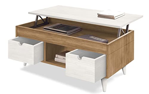 HOGAR24 ES Scala - Mesa Centro Elevable Madera Maciza Natural, Combinado Color Madera Encerada y Blanco. Medidas: 100cm x 50cm x 47cm.