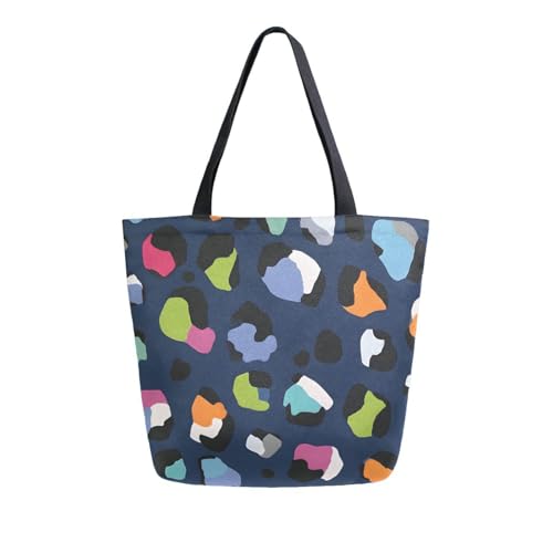 Extra Large Shoulder Tote Bag for Beach Travel Weekender Gym Blue Background Colorful Leopard Print Reusable Grocery Canvas Shopping Bag