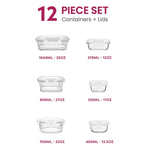 Image of FineDine 12 Piece Glass Storage Containers with Lids - Leak Proof, Dishwasher Safe Glass Food Storage Containers for Meal Prep or Leftovers, White