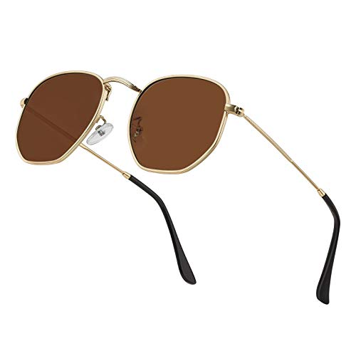 Hipster Hexagonal Polarized Sunglasses Men Women Geometric Square Small Vintage Metal Frame Retro Shade Glasses (Brown Lens/Gold Frame)