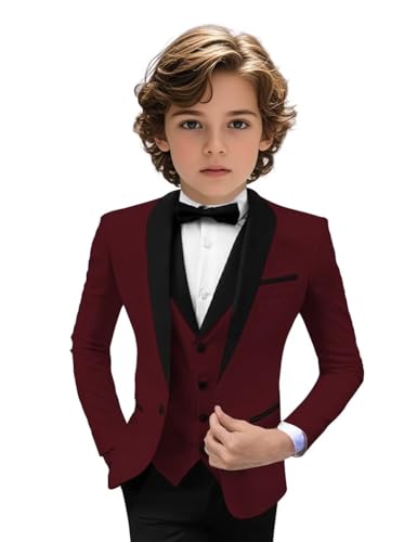 Image of Tuxedo Suits for Boys 3 Pieces Slim Fit Boys Formal Suit Dresswear Ring Bearer Outfit Blazer Vest Pants for Wedding Grooms