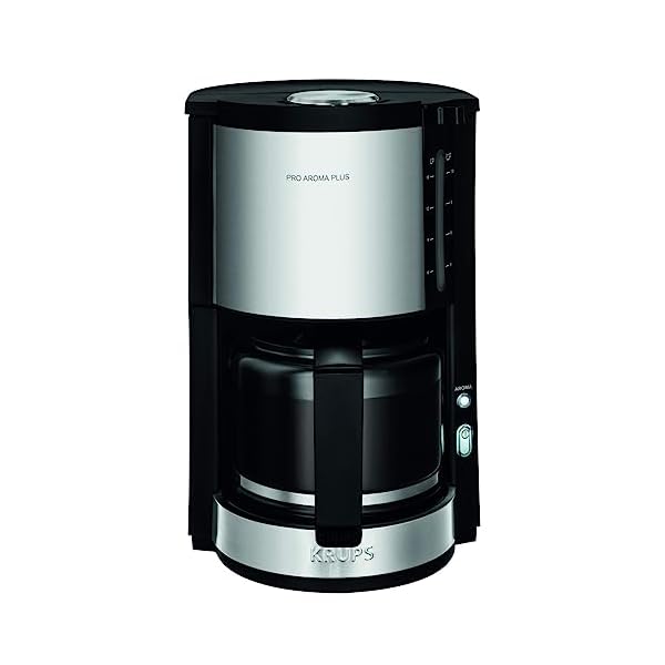 Krups KM3210 Pro Aroma Plus Filterkaffeemaschine | 10 Tassen | 1,25 L | 30-Minuten-Warmhaltefunktion | sichtbares Wasserstands Fenster | Tropfstopp-System | Schwarz mit Edelstahlapplikationen