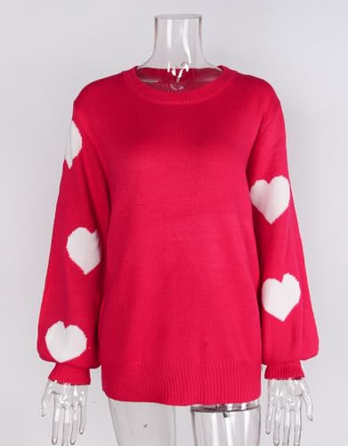 Image of Alsol Lamesa Women's Fall Pullover Sweaters Cute Hearts Long Sleeve Crewneck Casual Knitted Sweaters, X-Large, 238 Bright Pink