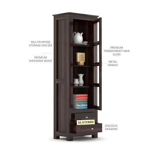 Image of Wood Book Shelf for Home Library | Wooden Book Shelf with Glass Door | Kitchen Cabinet Storage, Crockery Unit, Almirah, Bookshelves, Bookcases, Walnut