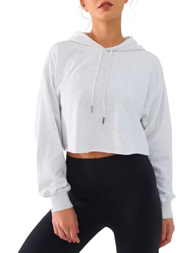 DITOK Womens Cropped Hoodie Sweatshirt Oversize Long Sleeve Loose Hoodies Ladies Drop Shoulder Pullover Casual Athletic, Grey