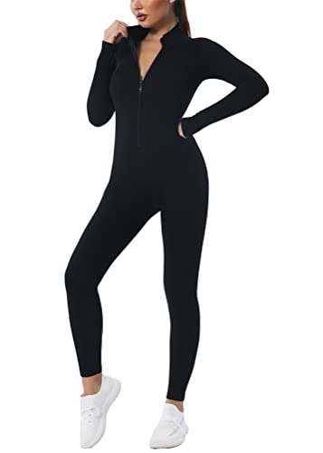 ORANDESIGNE Combinaison de Yoga Moulante Femme Jumpsuit Une Pièces à Manches Longues Sexy Coupe Ajustée Extensible Vetement avec Fermeture éclair pour Fitness Tenue Quotidienne A Noir XS