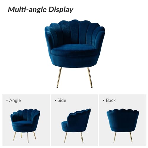 Image of HULALA HOME Modern Velvet Accent Chair with Shell Shaped Back, Cute Living Room Bedroom Armchair Sofa Chair with Gold Legs, Comfy Upholstered Vanity Chair for Makeup Room, Navy