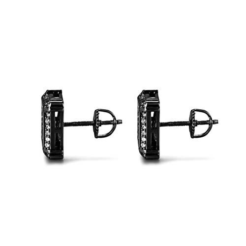 18K Gold Plated 925 Sterling Silver Iced Out Cubic Zirconia Screw Back Square Stud Earring For Men and Women Hypoallergenic Earring TwoTone Micropave Hip Hop Jewelry-Black3