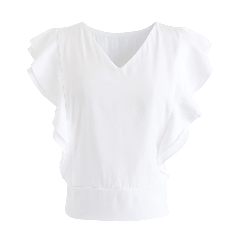 CHICWISHWomen's Comfy Casual White/Peach Pink/Black Bowknot Tie Waist Sleeveless Ruffle Crop V-Neck Top