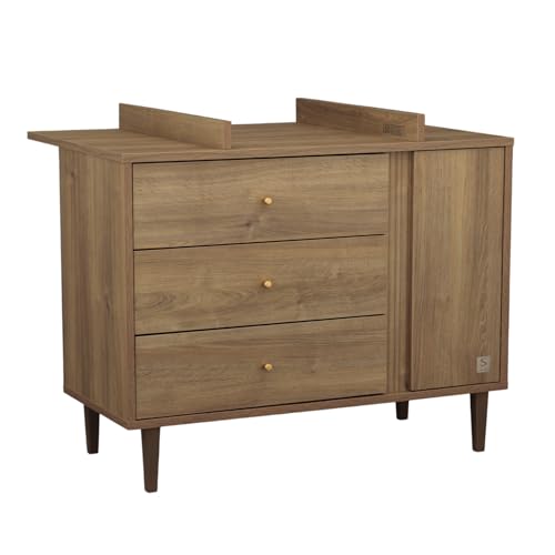 Sauthon Commode 3 tiroirs et 1 Porte avec détail Imitation Bois texturé et Pieds Bois