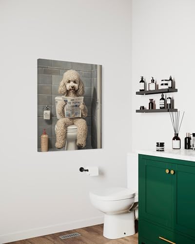 Image of Poodle White on Toilet Wall Art Print Canvas Wrapped, Dog Bathroom Humor Decor Posters Prints for Restroom Home Picture Painting Artwork Gallery 7 (Poodle White, 20L inch x 16W inch CANVAS, Wrapped Canvas)