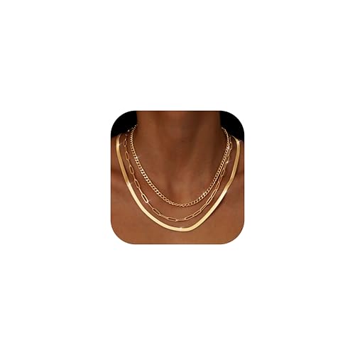 Adramata 3Pcs Halskette Damen Gold Stapelbare 14K Vergoldet Kette Set Verstellbar Edelstahl Kette Silber Schlangenkette Figaro Silberkette Goldkette Damen Wasserfester Schmuck