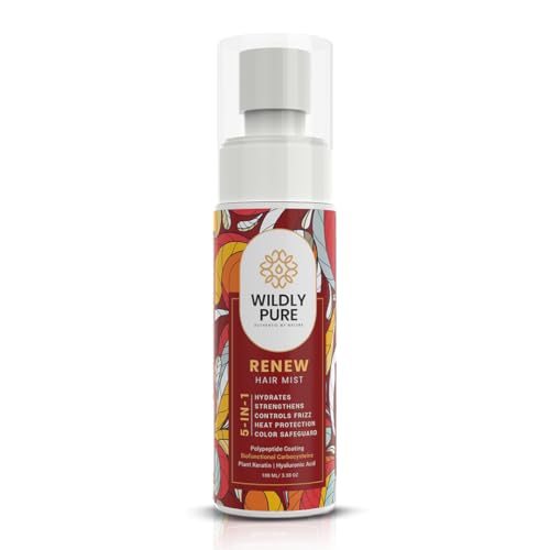 Image of Wildly Pure Renew 5 in 1 Heat Protection Spray Mist with Polypeptides & Hyaluronic Acid | Heat Protection, UV Protection, Frizz Control & Color Protection | Sulphate & Paraben Free | 100 ml (Renew Hair Mist)