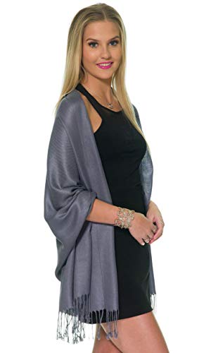 Pashmina Shawls and Wraps for Evening Dresses, Large Soft Pashmina Wedding Dark Grey Shawl - Thumbnail 5