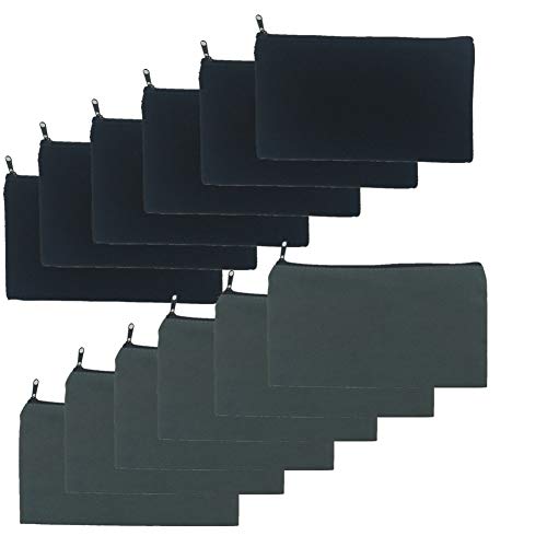 12 Pack Black Grey Blank Canvas Zipper Bag Bulk, Makeup Cosmetic Pouch Pencil Pen Case for Craft Vinyl Project DIY(6 Blacks + 6 Greys)