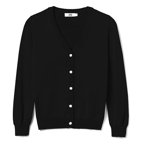 Girls V-Neck Cardigan Sweater [Cute Petal Buttons] Cotton Long Sleeve Uniform Sweater for 5-14 Years Girls