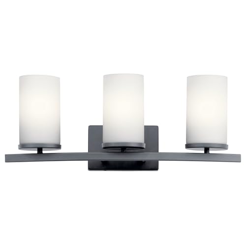 Image of Kichler Crosby 45497BK 3-Light Bathroom Vanity Light Fixture with Satin Etched Cased Opal Glass in Black for Modern and Traditional Decor Over Mirror (23 inch x 8.75 inch x 7 inch)
