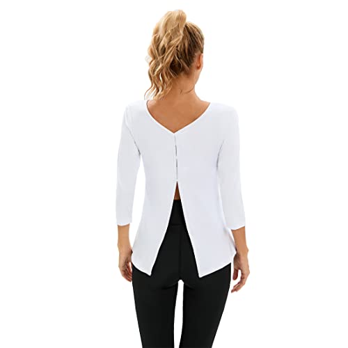 Womens Workout Shirts Workout Athletic Shirt Yoga Gym Tops Sportwear 3/4 Sleeve Workout Tops For Women White #TOP6