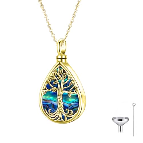 Solid Gold Tree of Life Teardrop Urn Necklace for Ashes Custom Solid 10K 14K 18K Real Gold Cremation Jewelry for Ashes, Memorial Keepsake Necklace for Women