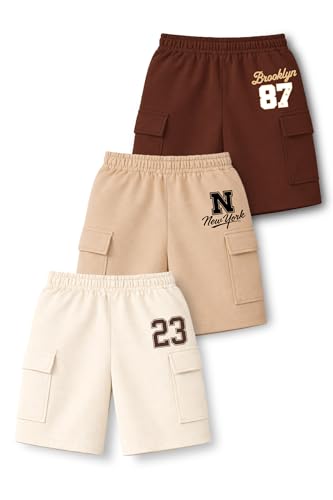 Image of Trampoline Boys Cargo Shorts Pack of 3 | Kids Printed Cargo Shorts with Elastic Waist & 2 Side Pockets | Comfortable Casual Summer Shorts for Boys
